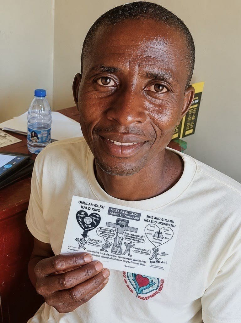 A community member holding a Gospel tract in the local language