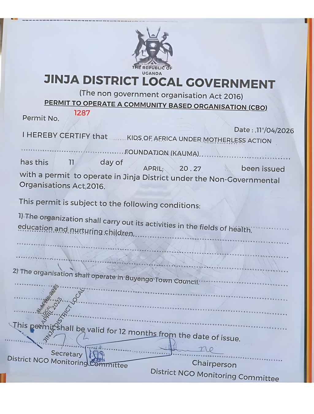 Permit to operate a Community Based Organisation issued to KAUMA by Jinja District