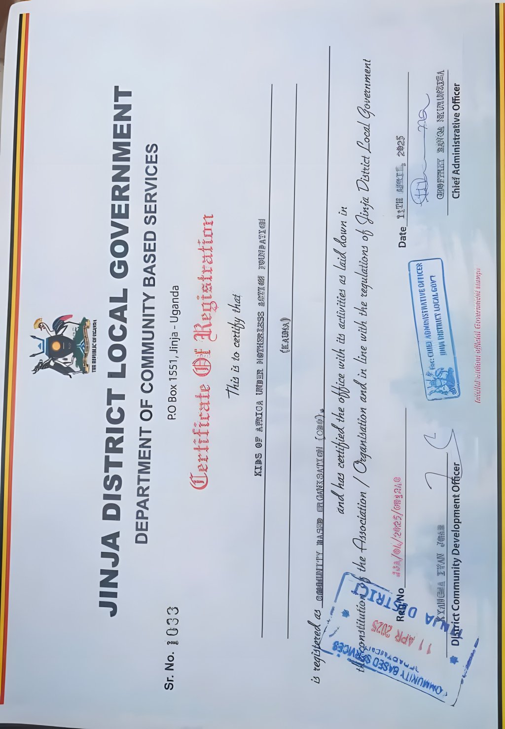 Jinja District Certificate of Registration for KAUMA as a Community Based Organisation