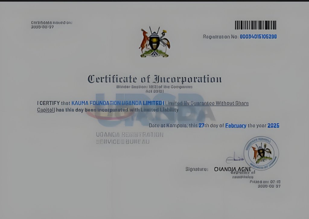 URSB Certificate of Incorporation for KAUMA Foundation Uganda Limited